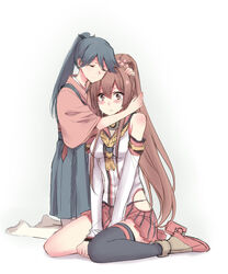  2girls blush brown_eyes brown_hair cherry_blossoms closed_eyes comforting commentary_request crying crying_with_eyes_open detached_sleeves flower hair_flower hair_ornament head_hug highres houshou_(kancolle) hug japanese_clothes kantai_collection light_smile long_hair motherly multiple_girls mylovelydevil ponytail skirt tears thighhighs very_long_hair yamato_(kancolle) 