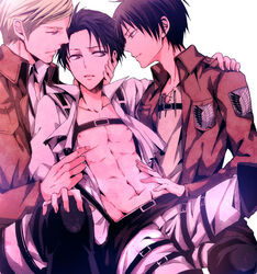  3boys belt black_hair blonde_hair boots commentary_request emblem eren_yeager erwin_smith jacket levi_(shingeki_no_kyojin) maine_(unap!) male_focus multiple_boys open_clothes open_shirt paradis_military_uniform shingeki_no_kyojin shirt survey_corps_(emblem) thigh_boots thighhighs yaoi 