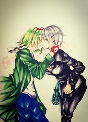  10s 1boy akame_ga_kill! blush breasts coat female fingerless_gloves formal gloves goggles goggles_on_head green_hair kissing kissing large_breasts lubbock matching_hair/eyes mechanical_arm najenda purple_eyes short_hair silver_hair suit 