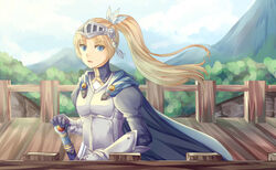  armor blonde_hair blue_eyes bracer breastplate cape commentary_request female forte_(rune_factory) gloves hair_ornament long_hair mountainous_horizon nivel-floss ponytail rune_factory solo sword visor_(armor) weapon 