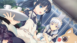  2girls absurdres black_hair blue_eyes cosplay cuts day dutch_angle food frills game_cg harem_tengoku_da_to_omottara_yandere_jigoku_datta highres hiiro_yuki holding holding_tray injury izaemon kigurumi maid maid_headdress miyasu_sayuri multiple_girls open_mouth outdoors photoshop_(medium) puffy_short_sleeves puffy_sleeves purple_eyes sandwich short_sleeves toutoumi_kanna tray white_hair 