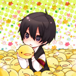  1boy bad_id bad_pixiv_id bird brown_hair chibi chick flower_(symbol) hibari_kyouya hibird katekyo_hitman_reborn! male_focus sanada_nako solo too_many too_many_chicks 