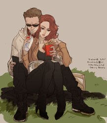  1boy animification avengers_(series) brown_hair casual clint_barton commentary_request drink female food french_fries marvel natasha_romanoff niwatori reading red_hair sitting sunglasses 