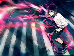  1boy baseball_bat beanie clothes_around_waist commentary crosswalk energy hat headphones headphones_around_neck k-project male_focus photoshop_(medium) red_hair skateboard solo watermark yata_misaki yuumei 