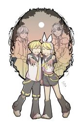  2boys 2girls :d allen_avadonia anniversary blonde_hair brother_and_sister closed_eyes commentary_request detached_sleeves dress evillious_nendaiki full_moon hair_ornament hair_ribbon hairclip headset holding_hands ichi_ka kagamine_len kagamine_rin looking_at_viewer master_of_the_heavenly_yard_(vocaloid) midriff_peek moon multiple_boys multiple_girls neckerchief necktie open_mouth outstretched_hand ponytail ribbon riliane_lucifen_d&#039;autriche shorts siblings smile spoilers vocaloid yellow_neckerchief yellow_necktie 