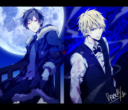  2boys black_hair blonde_hair blue_eyes commentary_request durarara!! full_moon fur_trim heiwajima_shizuo maine_(unap!) male_focus moon multiple_boys orihara_izaya red_eyes short_hair vest waistcoat 