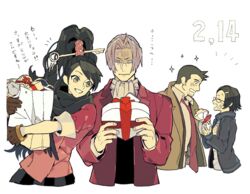  2boys 2girls ace_attorney_investigations ascot bandaid bandaid_on_face black_hair box brown_gloves commentary_request dick_gumshoe formal gift gift_bag gift_box gloves grin gyakuten_saiban hair_ornament hairclip heart-shaped_box holding holding_gift kay_faraday key_hair_ornament long_hair maggey_byrde miles_edgeworth multiple_boys multiple_girls pleated_skirt sachiko_(omame) short_hair skirt smile sparkle suit translated valentine 