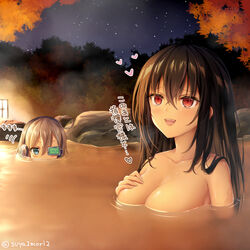  2girls albacore_(azur_lane) azur_lane bath bathing black_hair blonde_hair blush breasts cleavage collarbone commentary floating_breasts green-tinted_eyewear green_eyes hair_between_eyes headphones large_breasts long_hair looking_at_another multiple_girls night onsen open_mouth outdoors partially_submerged rock same-sex_bathing scouter shared_bathing sitting sneaking suyamori taihou_(azur_lane) tinted_eyewear translated water wet 