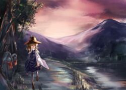  blonde_hair boots cloud commentary_request dress expressionless female grass hair_ribbon hat highres jizou layered_dress long_sleeves looking_to_the_side moriya_suwako mountain outdoors pantyhose path pink_sky ribbon river road short_hair sidelocks sky solo touhou tree twilight walking white_pantyhose wide_sleeves yellow_eyes zhu_xiang 