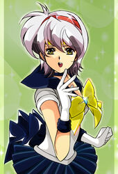  back_bow bad_id bad_pixiv_id bishoujo_senshi_sailor_moon blue_choker blue_sailor_collar blue_skirt bow choker cosplay emily_(langrisser) female gloves green_background hairband hikaru_(mikan0407) langrisser langrisser_v magical_girl parody pleated_skirt ribbon sailor_collar sailor_senshi_uniform sailor_uranus sailor_uranus_(cosplay) short_hair skirt smile solo style_parody urushihara_satoshi_(style) white_gloves white_hair yellow_bow yellow_eyes 