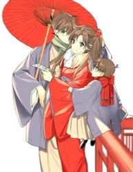  2boys arm_around_neck arm_support bow brown_hair commentary_request dual_persona edogawa_conan female fur_trim green_eyes grin hairbow hakama hakama_skirt haori holding holding_umbrella japanese_clothes kimono kudou_shin&#039;ichi long_hair long_sleeves meitantei_conan mouri_ran multiple_boys oil-paper_umbrella ponytail purple_eyes red_bow red_kimono red_scarf red_umbrella ro-a scarf sitting skirt smile time_paradox umbrella white_hakama yukata 