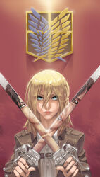  2girls absurdres blonde_hair commentary_request d.i.chock_(0kino0) emblem hair_between_eyes highres jacket jaw_titan krista_lenz multiple_girls paradis_military_uniform reflection shingeki_no_kyojin short_hair solo_focus spoilers survey_corps_(emblem) sword titan_(shingeki_no_kyojin) weapon ymir_(shingeki_no_kyojin) 