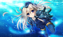  aoi_hiro blue_eyes commentary_request cropped_jacket female grey_hair jacket kantai_collection long_hair looking_at_viewer open_clothes open_jacket parted_lips photoshop_(medium) reaching solo submerged u-511_(kancolle) underwater 