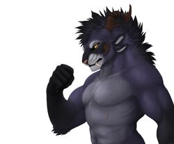  2016 amber_eyes anthro biceps charr clothed clothing dagos fangs felid flexing fur guild_wars half-length_portrait hi_res horn male mammal multi_ear muscular muscular_anthro muscular_male navel nude pecs pink_nose portrait scar simple_background solo syrax teeth topless white_background 