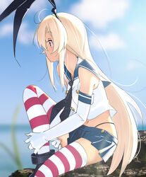  bare_shoulders black_panties blonde_hair commentary_request crop_top detached_sleeves elbow_gloves female from_side gloves grey_eyes hairband highleg highleg_panties hugging_own_legs kantai_collection long_hair looking_at_viewer looking_away miniskirt n_(n45987607) panties profile sailor_collar school_uniform serafuku shimakaze_(kancolle) skirt solo striped_clothes striped_thighhighs thighhighs thighs thong underwear white_gloves 