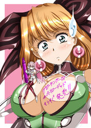  2girls blue_eyes body_writing breasts brown_hair cleavage commentary_request d-md earrings growlanser growlanser_iv growlanser_iv:_over_reloaded highres jewelry large_breasts mini_person minigirl mizu_sazanami multiple_girls official_style pink_hair red_legwear shiny_clothes short_hair size_difference skin_tight sweatdrop tricia_(growlanser) wide-eyed 