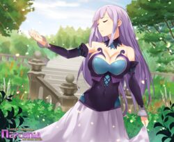  absurdres bare_shoulders breasts bush cleavage closed_eyes day detached_sleeves female flower garden highres large_breasts light_persona light_purple_hair long_hair magiquone neptune_(series) outdoors plant potted_plant scenery sendo_(sendrawz) sky smile source_request spoilers sunlight tree 