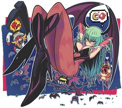  1boy animal_print armpits bare_shoulders bat_(animal) bat_print blonde_hair bodysuit boots bridal_gauntlets commentary crossed_ankles crossover demon_girl eyelashes eyeshadow female gashi-gashi green_hair hands_in_hair hat head_wings high_heels highres jitome leotard long_hair makeup mask morrigan_aensland pantyhose pig pixelated print_pantyhose reclining shoes solo_focus stiletto_heels takada_gan tatsunoko_vs_capcom time_bokan_(series) vampire_(game) wings yatterman yellow_eyes 