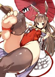  animal_ears azur_lane bad_perspective bare_shoulders barefoot black_thighhighs braid breasts brown_hair commentary_request covered_navel fake_animal_ears feet female groin highres leotard long_hair morikawa_(futomayu) official_alternate_costume oil-paper_umbrella panda ping_hai_(azur_lane) ping_hai_(osmanthus_moon_rabbit)_(azur_lane) purple_eyes rabbit_ears simple_background sleeveless small_breasts solo thighhighs umbrella white_background 