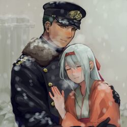  1boy black_hair closed_eyes commentary_request couple female gloves grey_hair hairband hat hinaki_eiji hug japanese_clothes kantai_collection long_hair military military_uniform orange_eyes shigemitsu_jun short_hair shoukaku_(kancolle) snow snowing straight uniform 