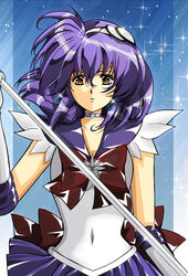  back_bow bad_id bad_pixiv_id bishoujo_senshi_sailor_moon blue_background bow brooch brown_bow choker cosplay covered_navel elbow_gloves expressionless female gloves hairband hikaru_(mikan0407) holding holding_staff jewelry lambda_(langrisser) langrisser langrisser_v magical_girl minaguchi_yuuko orange_eyes parody pleated_skirt purple_hair purple_sailor_collar purple_skirt ribbon sailor_collar sailor_saturn sailor_saturn_(cosplay) sailor_senshi_uniform short_hair skirt solo staff star_(symbol) star_brooch star_choker style_parody urushihara_satoshi_(style) voice_actor_connection white_gloves 