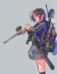  bfr_45-70 brown_eyes brown_hair commentary_request daito female glasses gun looking_at_viewer original rmb-93 salvo_12 school_uniform short_hair shovel simple_background solo standing suppressor weapon 