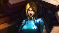  blonde_hair blue_eyes bodysuit breasts cockpit commentary darren_geers english_commentary female hair_down highres lips long_hair looking_at_viewer medium_breasts metroid nose photoshop_(medium) realistic samus_aran skin_tight solo torn_bodysuit torn_clothes zero_suit 