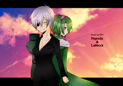  10s 1boy akame_ga_kill! blush breasts character_name clouds eyepatch female formal goggles goggles_on_head green_eyes green_hair jacket large_breasts lubbock mechanical_arm najenda short_hair silver_hair smile suit 