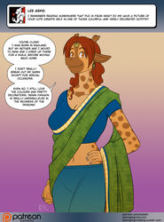  2016 amber_eyes anthro ask_blog breasts brown_hair clothing conditional_dnp dialogue dialogue_box digital_media_(artwork) english_text female giraffe giraffid hair kadath looking_at_viewer mammal midriff navel patreon patreon_logo piercing puzzle_(kadath) sari_(clothing) signature solo speech_bubble text tumblr url user_avatar 