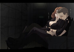  1boy animification avengers_(series) big_nose black_widow breasts brown_hair cleavage clint_barton commentary_request female hawkeye_(marvel) large_breasts lips marvel natasha_romanoff niwatori sleeping 