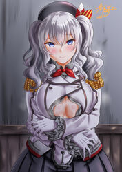  anchor beret blue_eyes blush breasts commentary_request epaulettes female frilled_sleeves frills gloves grey_hair grey_skirt hat jacket kantai_collection kashima_(kancolle) kasugano_tobari large_breasts long_sleeves military military_uniform neckerchief open_clothes open_jacket pleated_skirt sidelocks skirt smile solo sweat twintails uniform wavy_hair white_gloves 