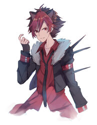  1boy ahoge animal_ears black_jacket black_neckwear brown_hair collarbone collared_shirt commentary crow_(show_by_rock!!) dyed_bangs hair_between_eyes hand_up jacket long_sleeves looking_at_viewer makiaato male_focus multicolored_hair open_clothes open_jacket parted_lips red_eyes red_hair red_shirt shirt show_by_rock!! simple_background solo spikes two-tone_hair v-shaped_eyebrows white_background 