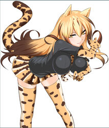  adon_(adtech) animal_ears animal_print blonde_hair brown_hair cheetah_ears cheetah_print cheetah_tail commentary_request female highres kemono_friends king_cheetah_(kemono_friends) long_hair multicolored_hair necktie simple_background solo tail thighhighs two-tone_hair white_background yellow_eyes 