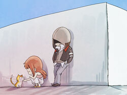  1boy aimf alex_mercer animal brown_hair chibi commentary_request elizabeth_greene feline female headpat hood hood_up hoodie prototype_(game) 