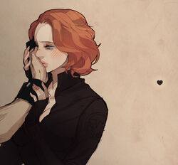  1boy animification avengers_(series) black_widow blue_eyes blush bodysuit commentary_request female from_side hand_on_another&#039;s_face heart marvel natasha_romanoff niwatori orange_hair red_hair short_hair simple_background solo_focus straight tears 