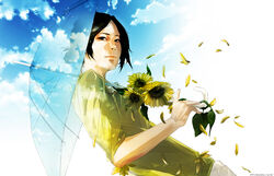  black_eyes black_hair original petals re&deg; sky summer sunflower umbrella 