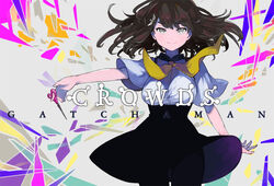  black_hair breasts female gatchaman_crowds gj grey_eyes high-waist_skirt ichinose_hajime medium_breasts pantyhose photoshop_(medium) school_uniform scissors skirt smile solo 