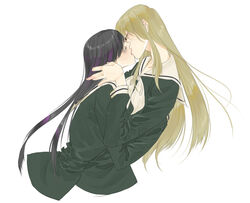  2girls alternate_hair_length alternate_hairstyle bad_id bad_pixiv_id black_hair blonde_hair closed_eyes couple kissing kubo_shiori lillian_girls&#039;_academy_school_uniform maria-sama_ga_miteru multiple_girls satou_sei school_uniform serafuku simple_background torisoboro white_background yuri 