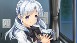  absurdres black_bow black_bowtie blush bow bowtie braid curtains female game_cg harem_tengoku_da_to_omottara_yandere_jigoku_datta highres hiiro_yuki indoors interlocked_fingers locker long_hair looking_at_viewer miyasu_sayuri night own_hands_together photoshop_(medium) purple_eyes school_uniform smile solo white_hair window 