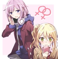  2girls :d aihara_yuzu blonde_hair blush citrus_(saburouta) commentary_request earrings green_eyes headphones headphones_around_neck implied_yuri interlocked_venus_symbols jewelry long_hair mizusawa_matsuri multiple_girls open_mouth pink_hair purple_eyes school_uniform short_hair side_ponytail smile sweatdrop tsuezu venus_symbol 