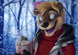  2016 ango76 anthro beverage black_nose blonde_hair blue_eyes brown_body brown_fur bust_portrait candy chocolate clothed clothing container countershade_face countershading cup dessert detailed_background digital_media_(artwork) ear_piercing eyebrow_piercing eyebrows facial_piercing food forest front_view fur gemini_the_otter grey_clothing grey_topwear hair happy highlights_(coloring) holding_container holding_cup holding_object hoodie hot_chocolate inner_ear_fluff lip_piercing looking_away male mammal marshmallow multicolored_body multicolored_fur multicolored_hair mustelid open_mouth otter outside piercing plant portrait purple_hair purple_highlights purple_tongue red_clothing red_topwear short_hair signature smile solo standing sweater tan_body tan_fur teeth tongue topwear tree tuft two_tone_body two_tone_fur two_tone_hair vest whiskers winter 