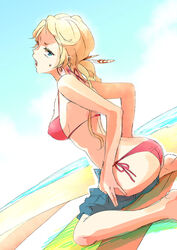  beach bikini blonde_hair blue_eyes breasts chimaki_(impressiveanarchy) commentary_request day earrings female jewelry long_hair looking_at_viewer medium_breasts midriff myriam_(saga) open_mouth romancing_saga romancing_saga_minstrel_song saga sideboob solo swimsuit undressing 