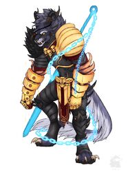  2014 angry anthro armor bone charr claws dagos digital_media_(artwork) eye_patch eyewear fangs felid female guild_wars hi_res horn looking_at_viewer mammal melee_weapon multi_ear simple_background skull solo standing sword syrax teeth toe_claws weapon white_background 