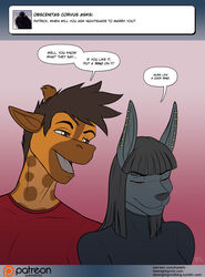  2016 anthro anubian_jackal ask_blog blush brown_eyes canid canine canis clothing conditional_dnp dialogue dialogue_box digital_media_(artwork) duo english_text female jackal kadath male mammal nightshade_(kadath) patreon patreon_logo patrick_(kadath) piercing signature speech_bubble text tumblr url user_avatar 