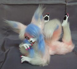  anthro ball-jointed_doll blue_hair bureido canid canine colored_nails crouching doll eyelashes fangs female fox grandfathered_content hair japan mammal nails paws siva solo teeth 