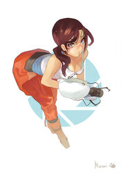  aperture_science_handheld_portal_device bad_deviantart_id bad_id bent_over brown_hair chell female jumpsuit long_fall_boots long_hair minami-nyan orange_jumpsuit photoshop_(medium) portal_(series) portal_2 solo tank_top 