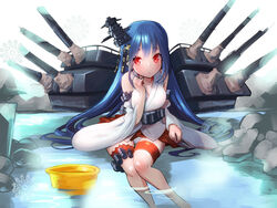  12_(xaenedju) alternate_hairstyle bare_shoulders blue_eyes blue_hair breasts bucket commentary_request detached_sleeves female hair_ornament kantai_collection long_hair looking_at_viewer medium_breasts nontraditional_miko onsen panties partially_submerged red_eyes sitting solo thigh_gap underwear water wide_sleeves wooden_bucket yamashiro_(kancolle) 