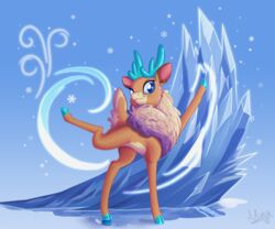  2018 6:5 antlers blue_eyes deer digital_media_(artwork) eyelashes female feral hi_res hooves horn ice mammal neck_tuft new_world_deer reindeer sirzi smile snow snowflake solo them&#039;s_fightin&#039;_herds tuft velvet_reindeer_(tfh) 