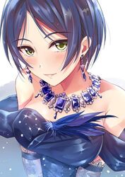  bad_id bad_pixiv_id blue_hair breasts cleavage earrings elbow_gloves female gloves grey_gloves gu_li hayami_kanade idolmaster idolmaster_cinderella_girls jewelry looking_at_viewer medium_breasts necklace parted_bangs parted_lips pretty_liar_(idolmaster) print_gloves short_hair smile solo strapless upper_body yellow_eyes 