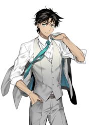  1boy aqua_necktie black_hair blue_eyes commentary_request cowboy_shot dress_shirt grey_jacket grey_pants hand_in_pocket hattori_heiji holding holding_clothes holding_jacket jacket looking_at_viewer male_focus meitantei_conan necktie pants ro-a shirt simple_background smile solo standing white_background white_shirt 